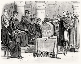 Harold II (c.1022-66) prêtant serment de respecter la donation du trône à Guillaume Ier, le Conquérant (c.1028-87) par Édouard le Confesseur (c.1003-66), c.1064